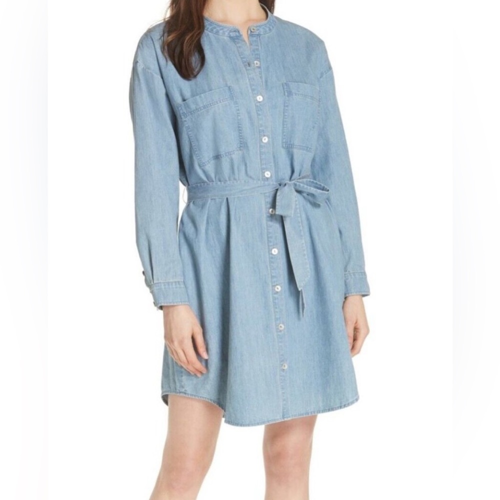 Eileen Fisher Organic Linen Shirt Dress Chambray Blue Long Sleeve Size M